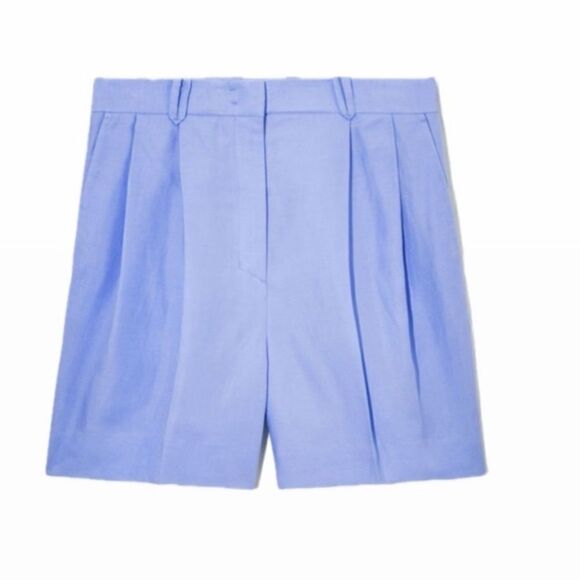 COS Light Blue Linen Blend High Waisted Pleated Front Trouser Shorts Size 8 - Picture 2 of 13